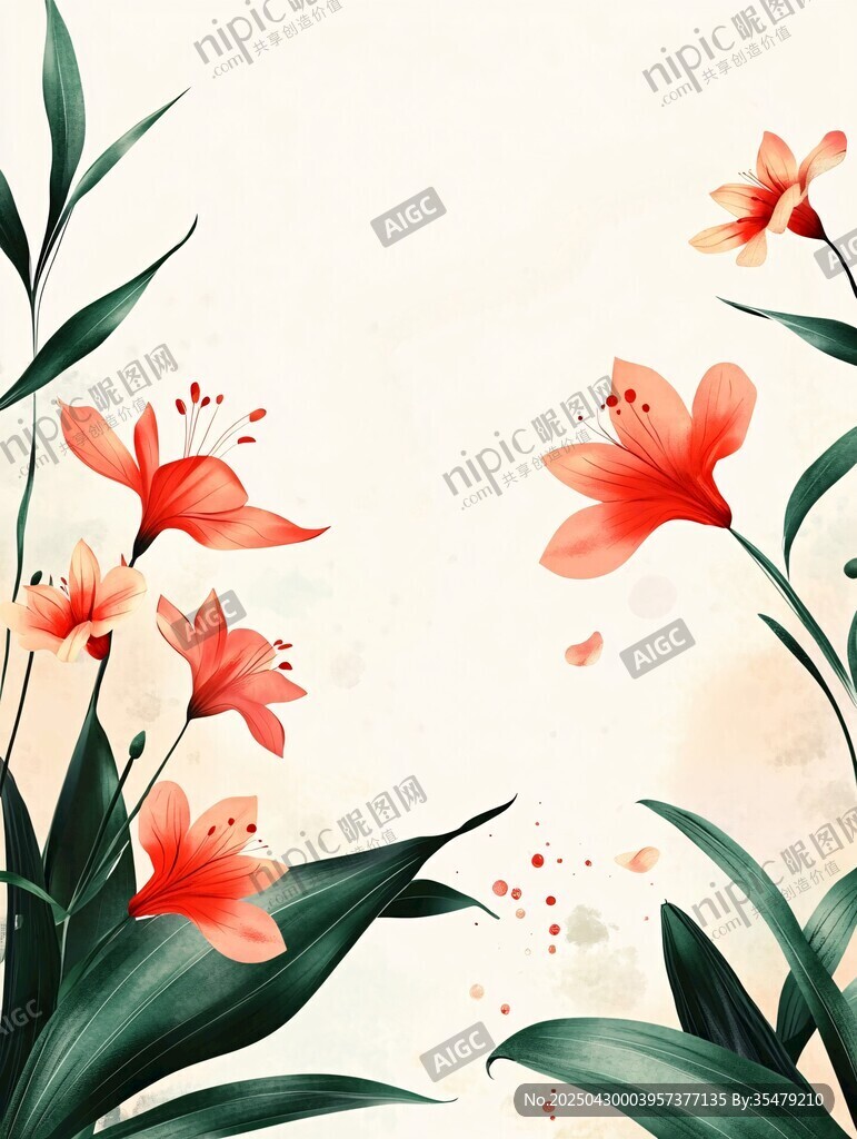 手绘橙花绿叶清新插画
