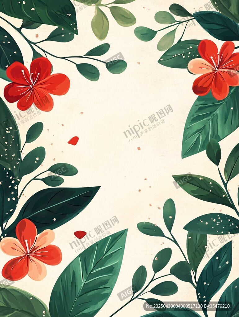 花卉绿叶边框插画设计