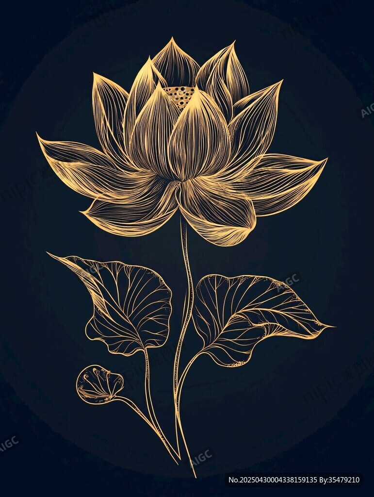 金色手绘莲花插画图案
