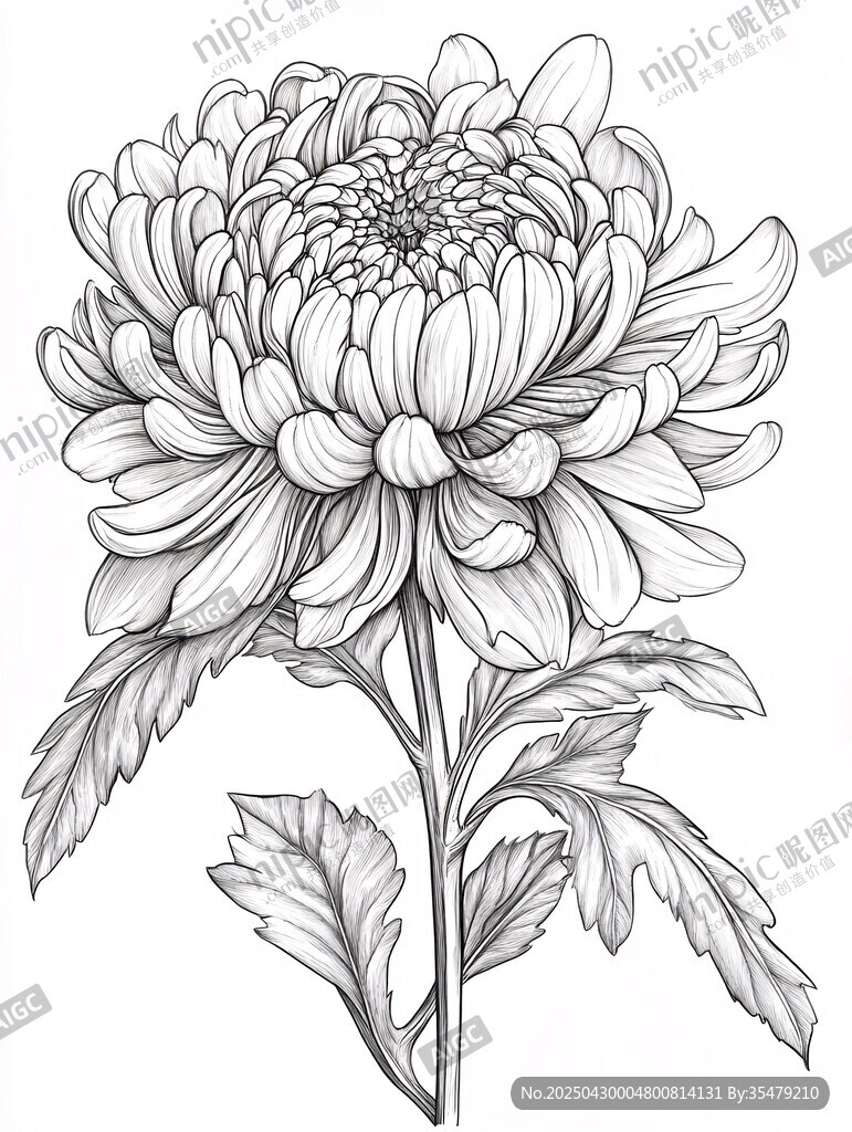 单枝菊花黑白线稿图