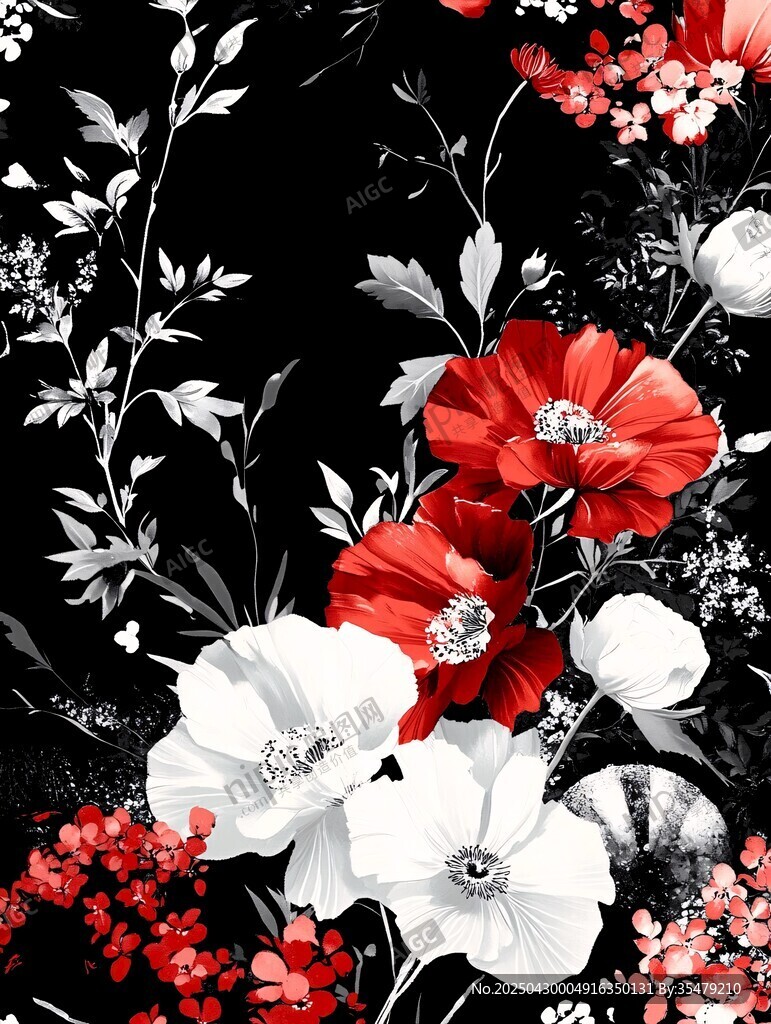 黑底红白花卉图案设计