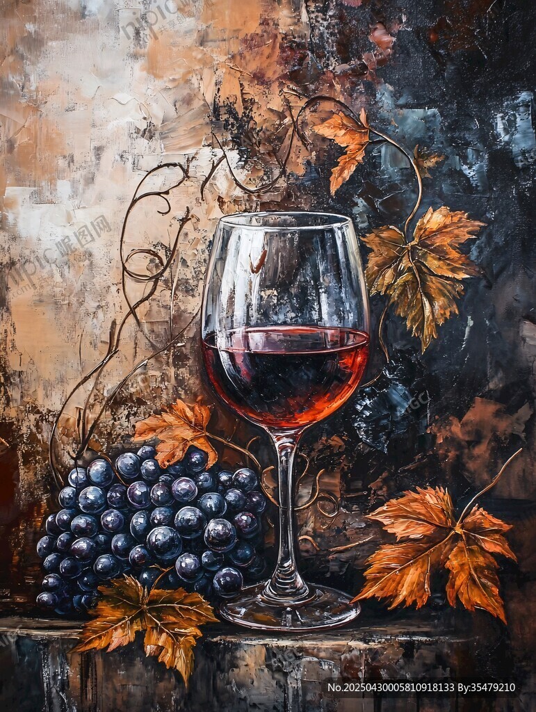 杯中红酒与葡萄静物画