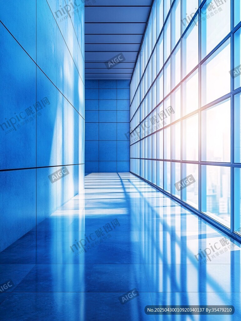 现代蓝色玻璃走廊空间