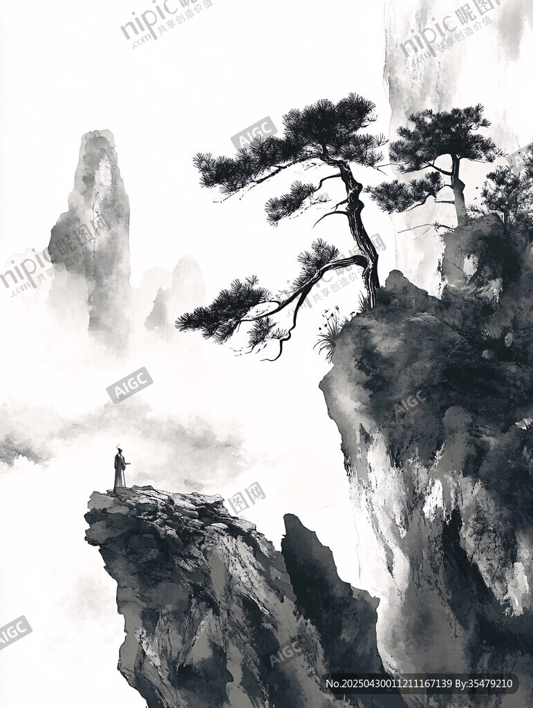 水墨山水间的孤松与旅人