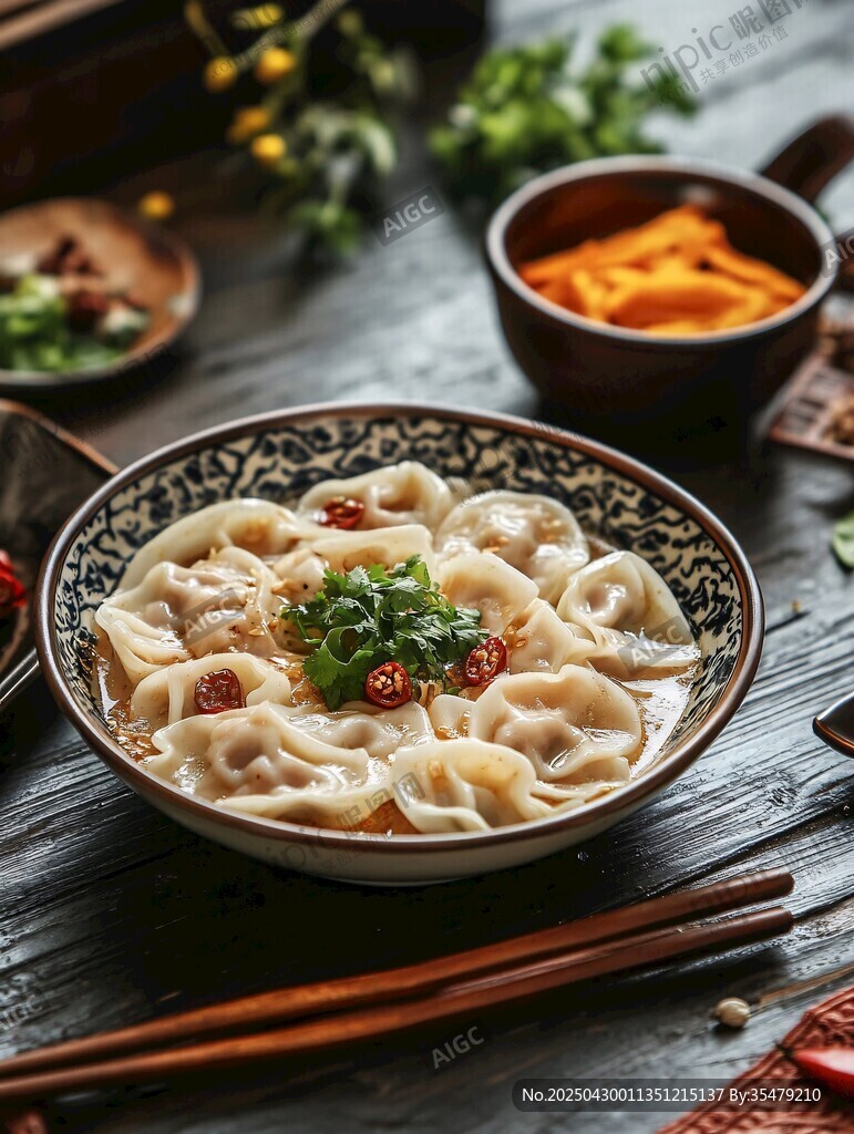 美味馄饨摆放在古朴餐桌上