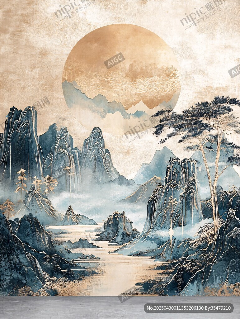 中式山水圆月意境画作