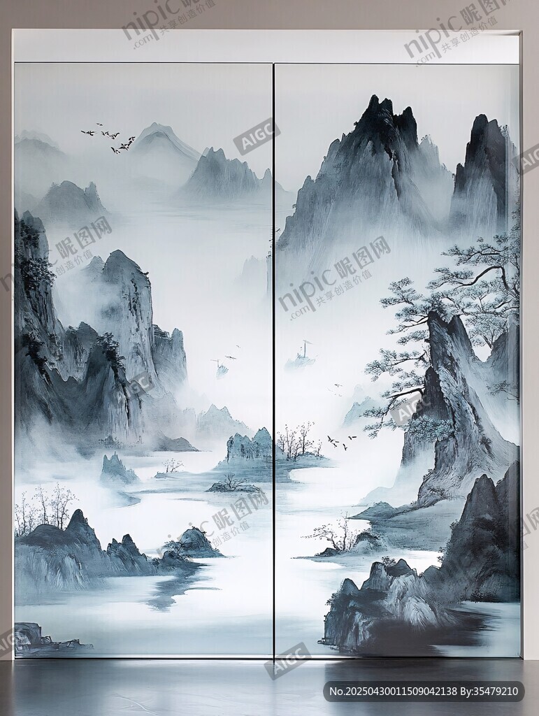 中式山水双幅移门画