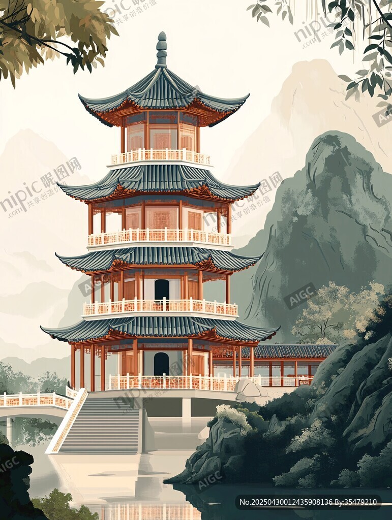 古风山水间的中式宝塔