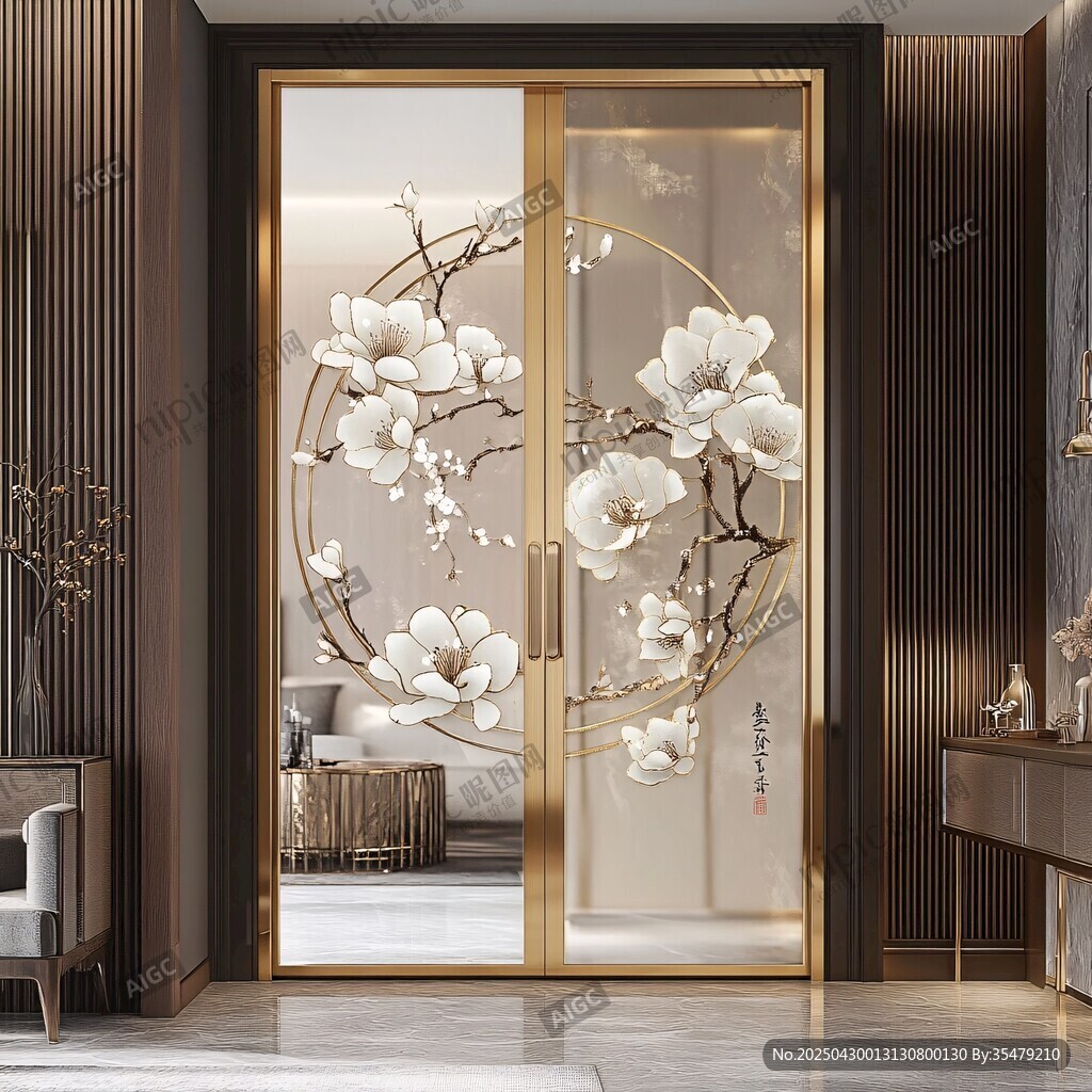 中式玉兰花玻璃推拉门