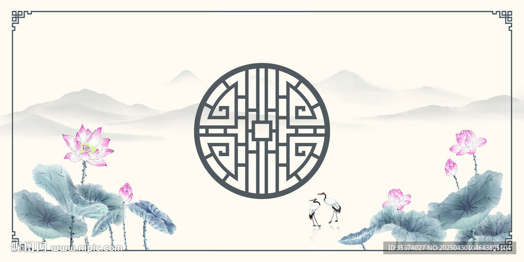 中式水墨风荷花窗景图