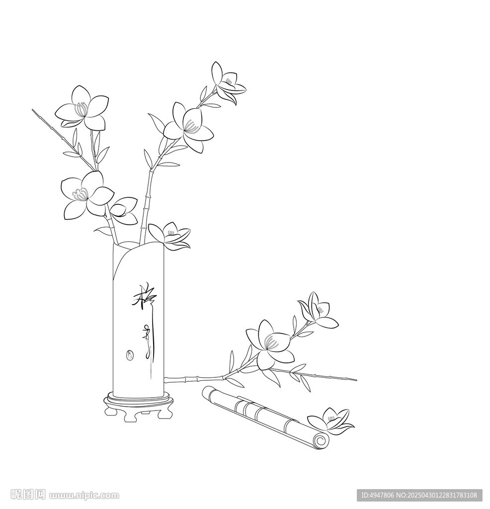 中式花瓶插花线稿图 矢量图