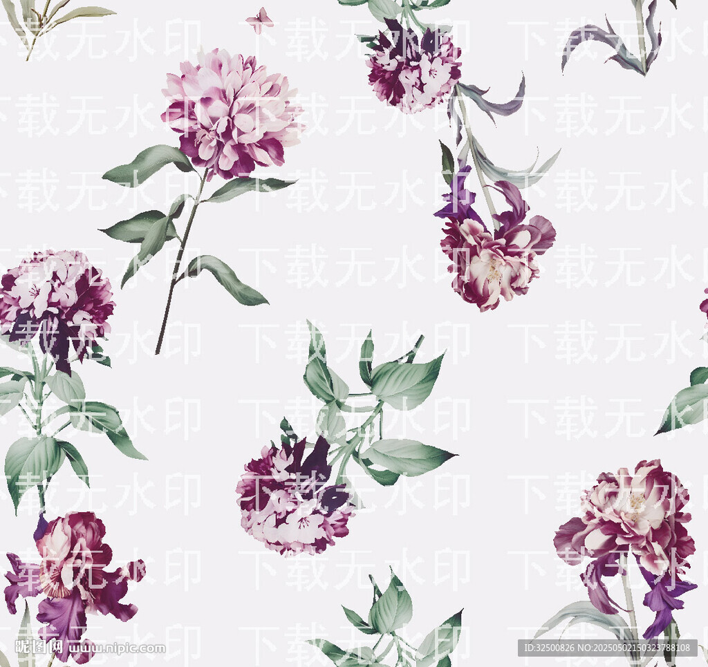 紫色花卉水彩无缝图案