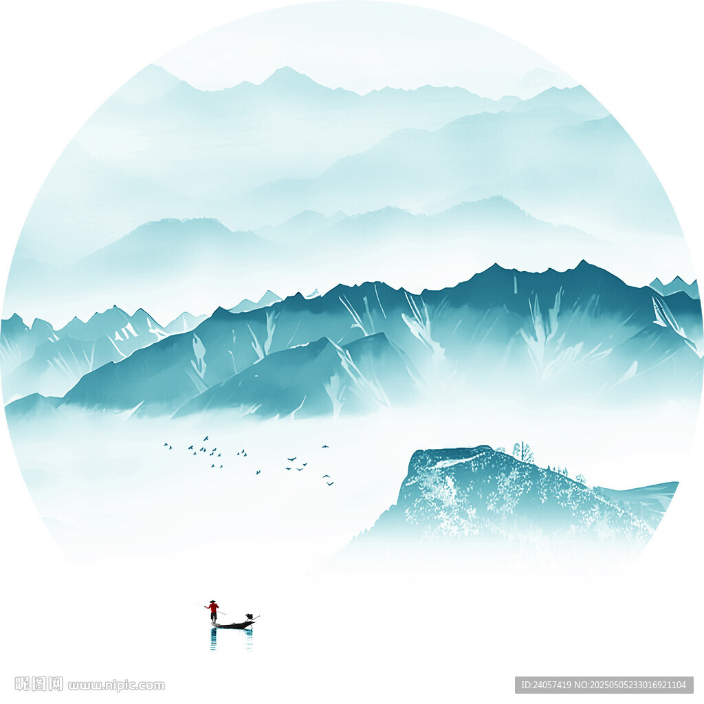 新中式抽象水墨山水圆形装饰画