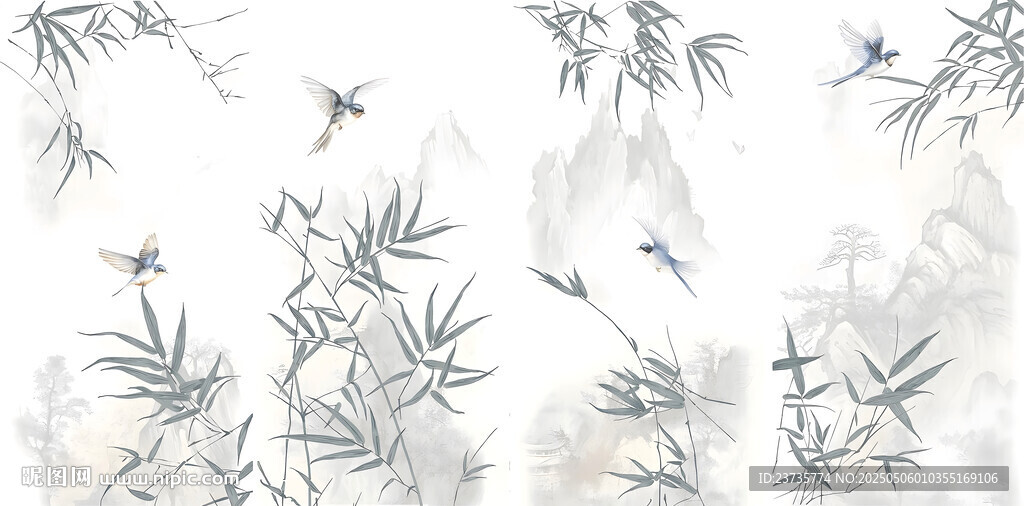水墨竹林飞鸟图背景图
