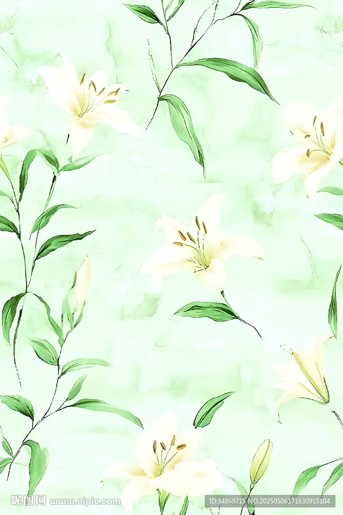 数码印花 清新水彩风绿叶花卉
