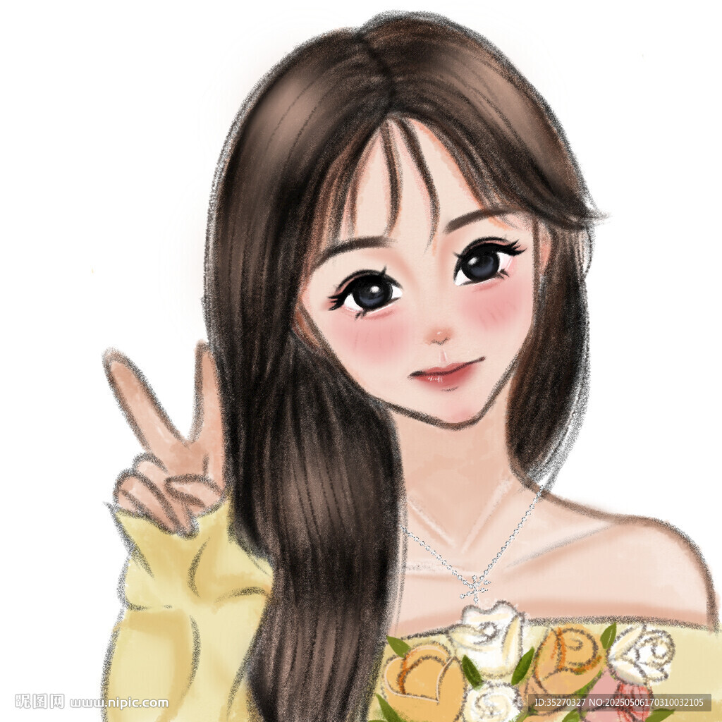 甜美少女比耶微笑插画