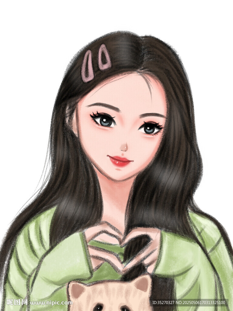 绿衣女子与萌猫比心