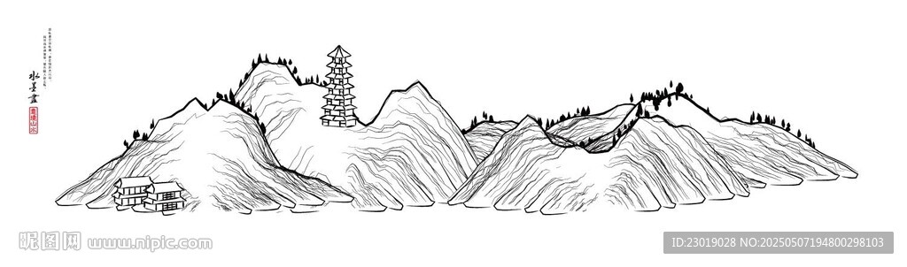 手绘山川风景图