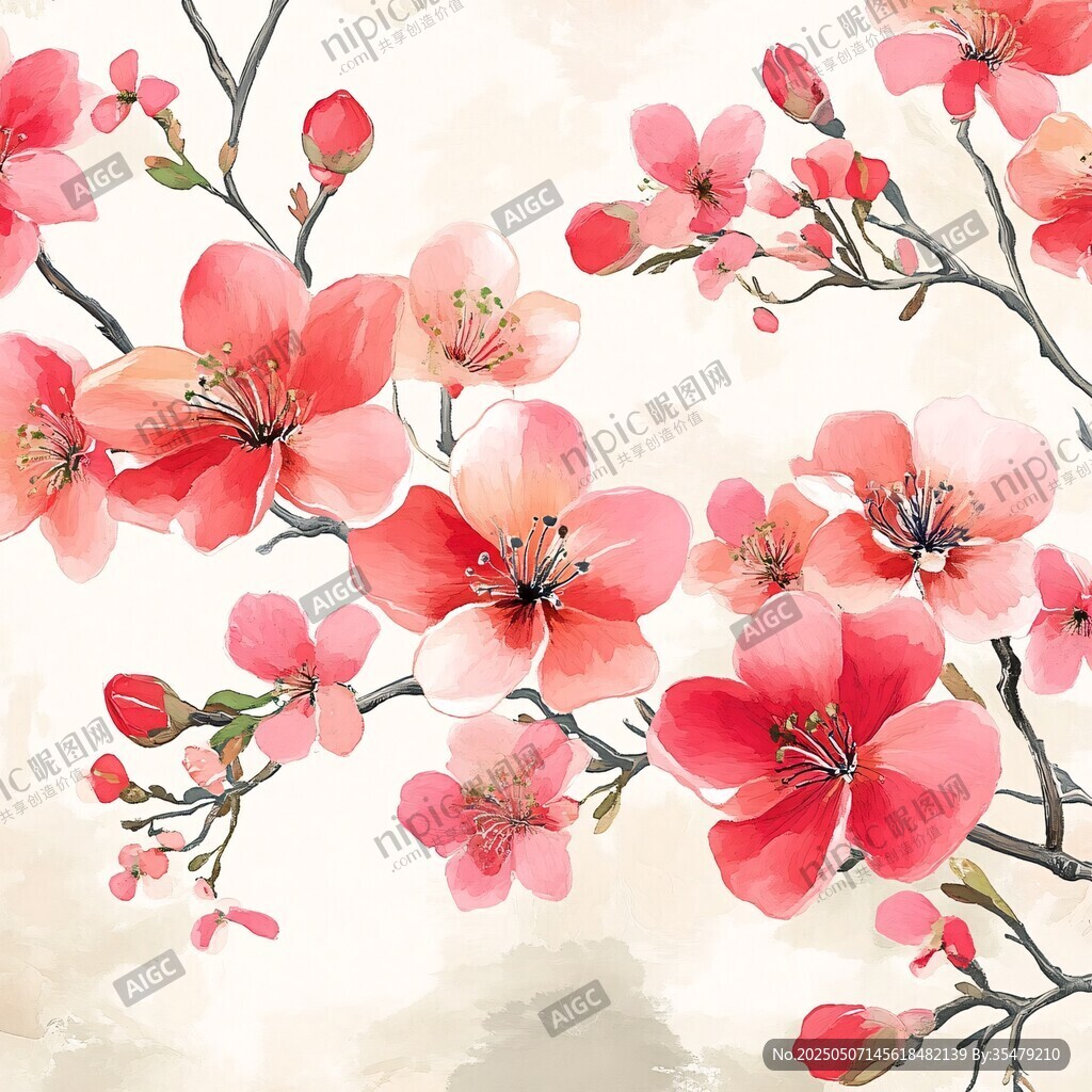 水彩绘就的烂漫粉色花枝