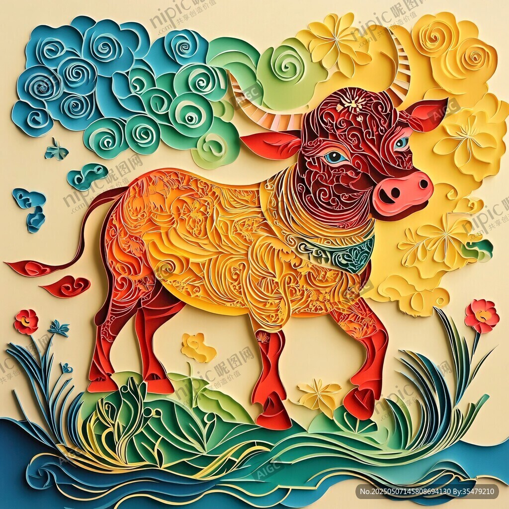 彩色剪纸风的吉祥牛形象