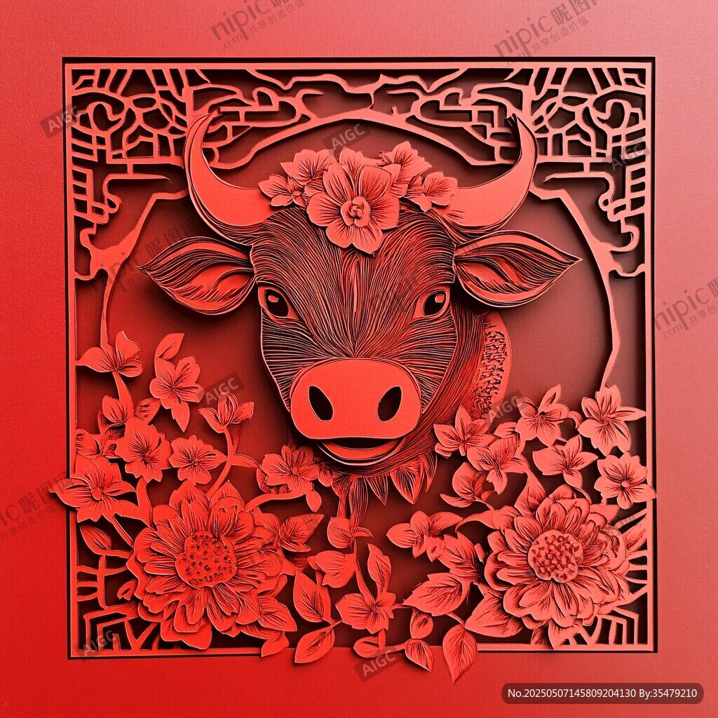 牛年剪纸风立体花卉牛头图