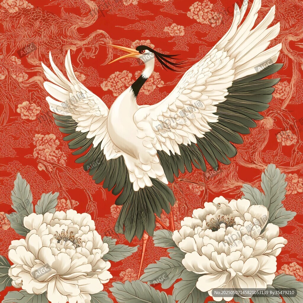 丹顶鹤伴牡丹吉祥图