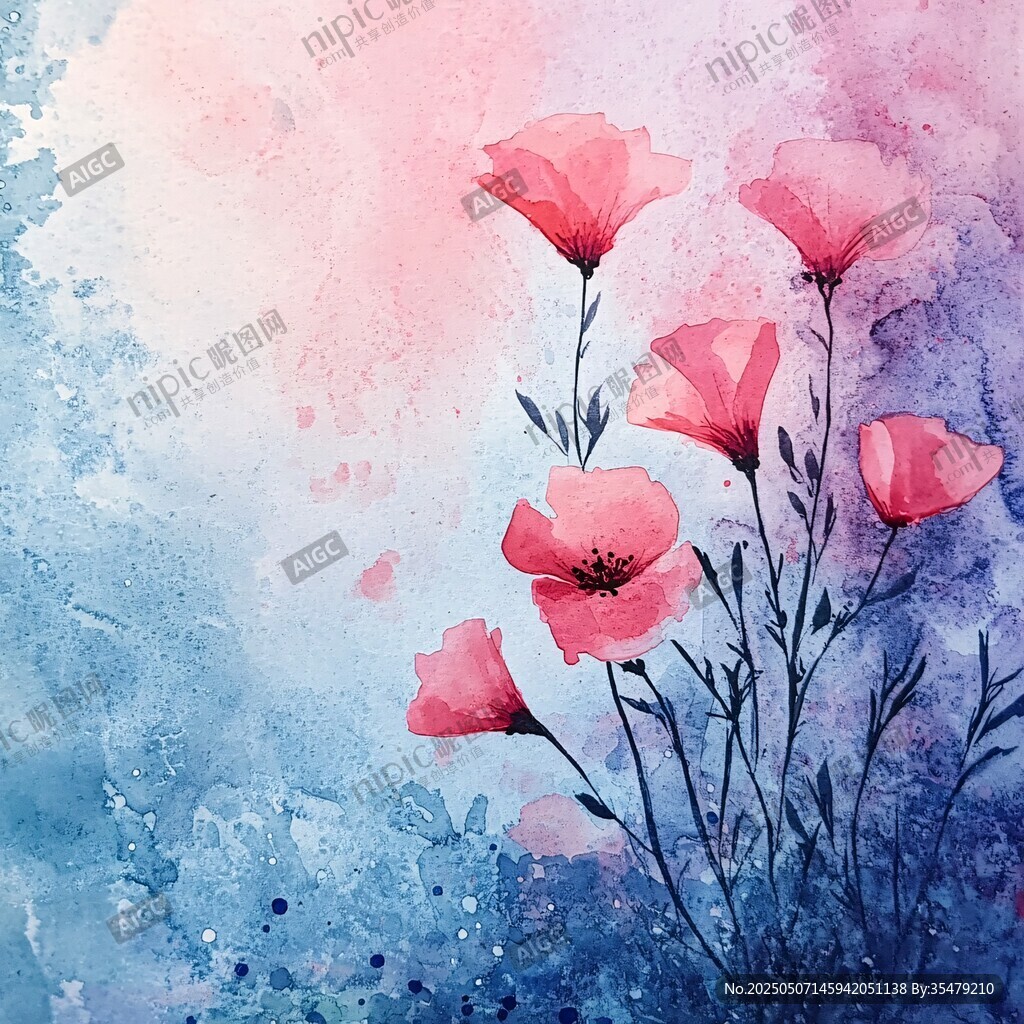 水彩绘粉色花卉梦幻画面