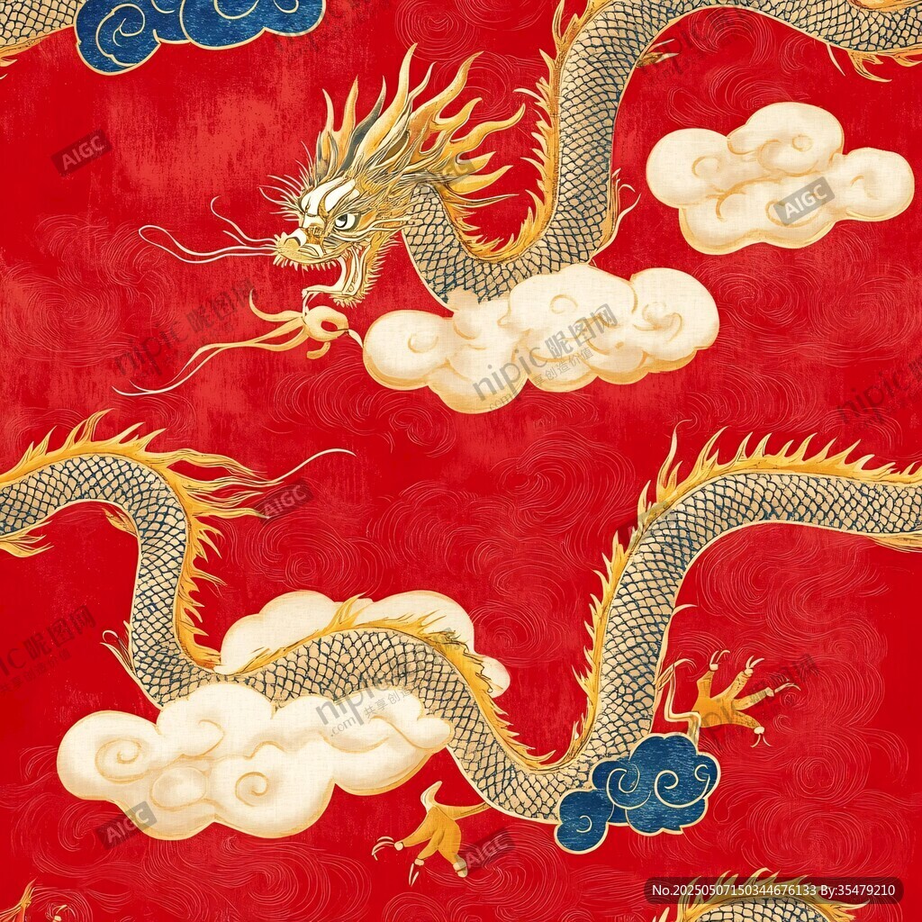 中国风红龙祥云图案设计