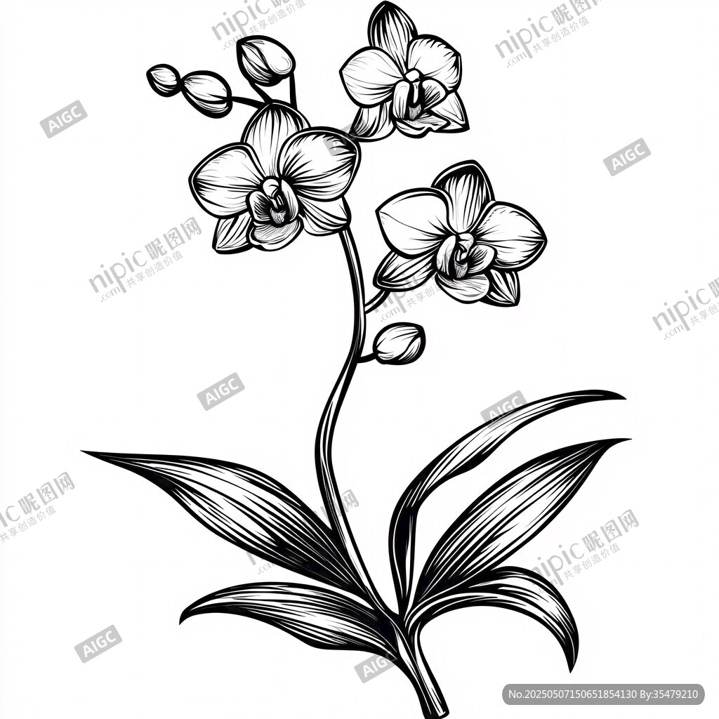 黑白手绘兰花花卉图案