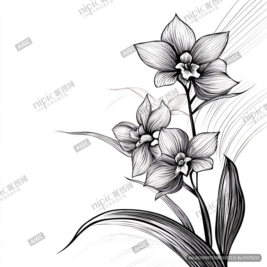 黑白线条绘就的优雅兰花