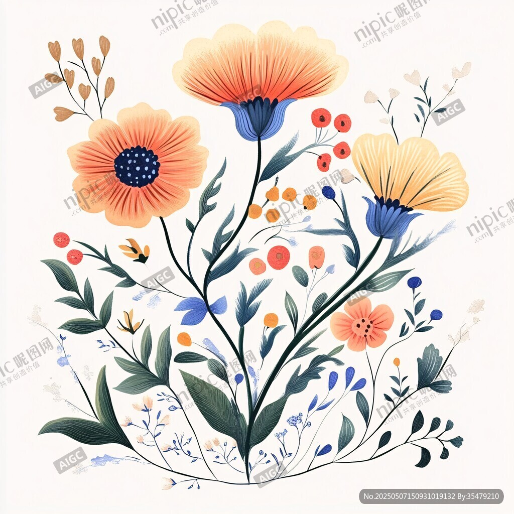 手绘多彩花卉插画作品