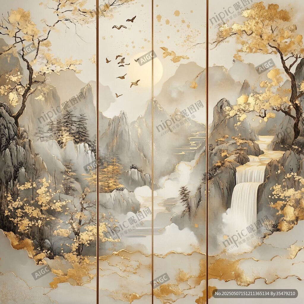 金色山水屏风画意境悠远