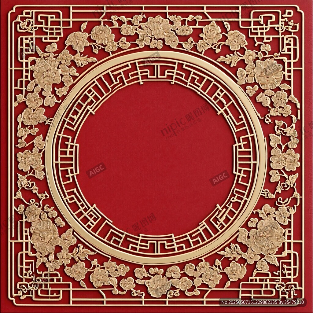 中式红底金色雕花圆形边框