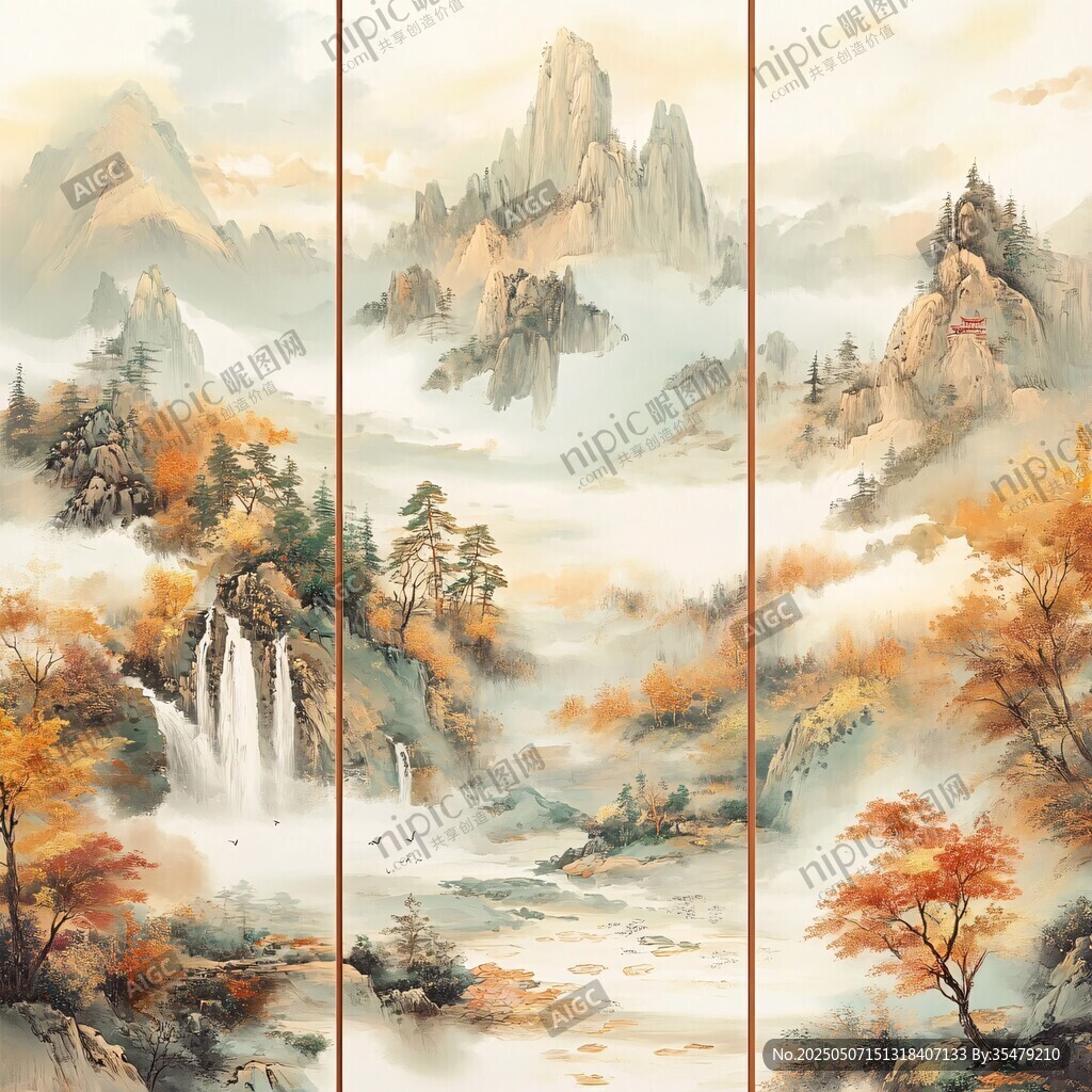 秋日山水诗意三联画