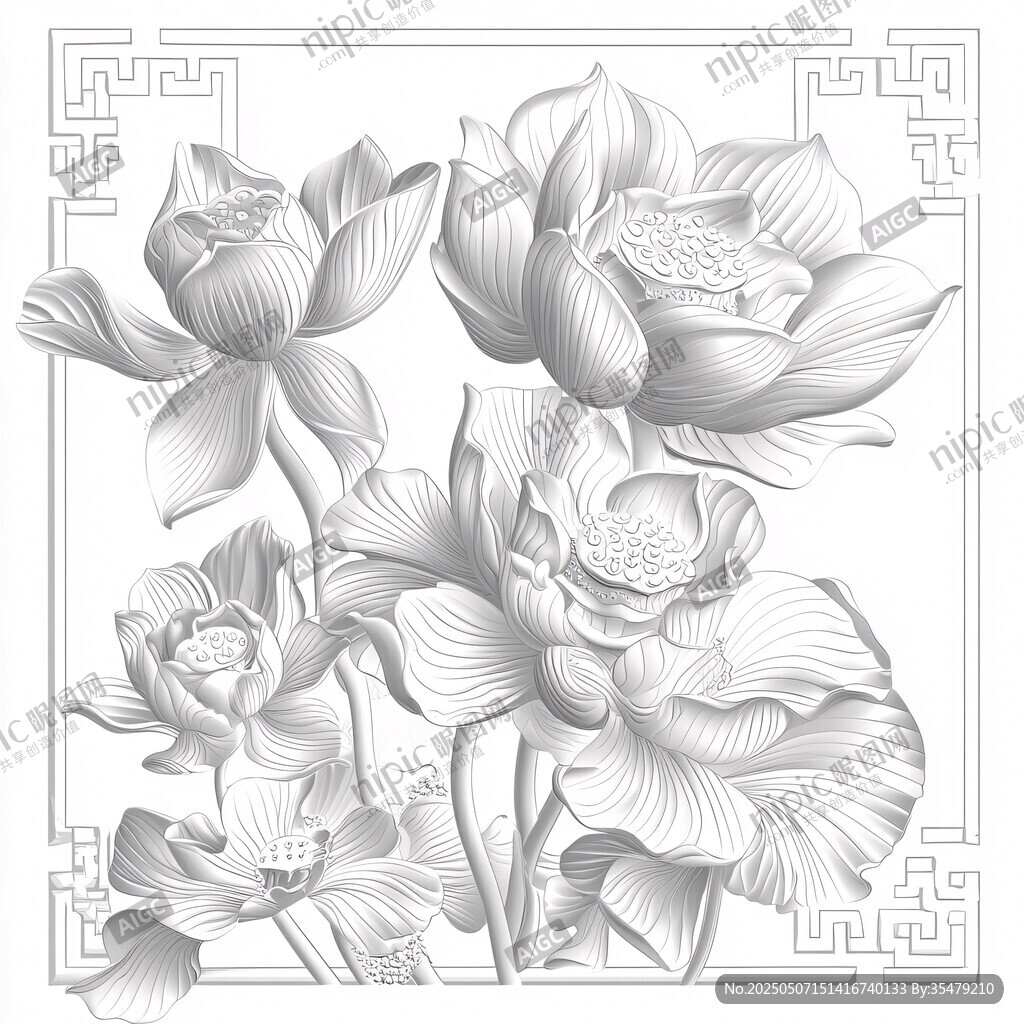 中式白描荷花花卉图案