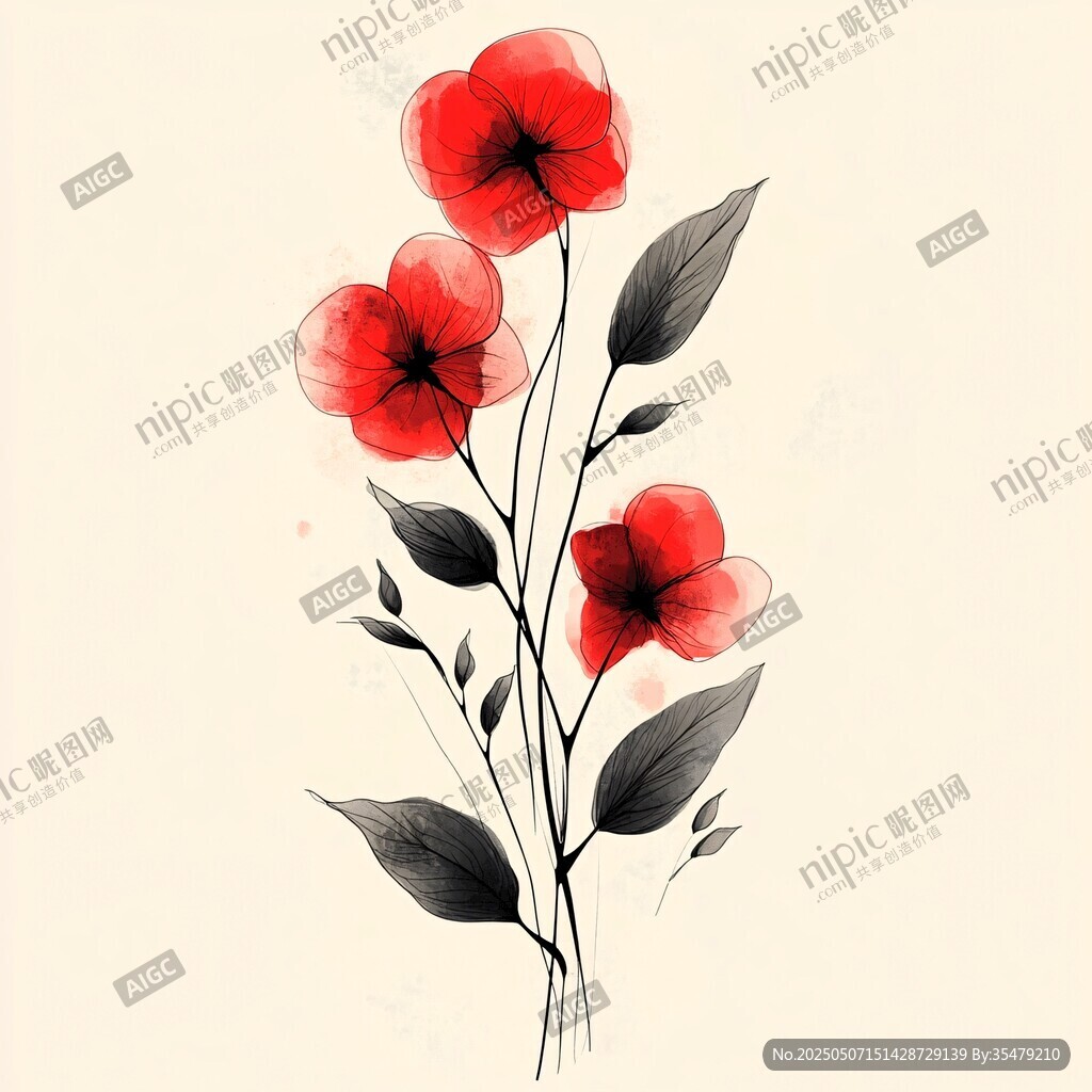 水墨风三朵红花朵插画