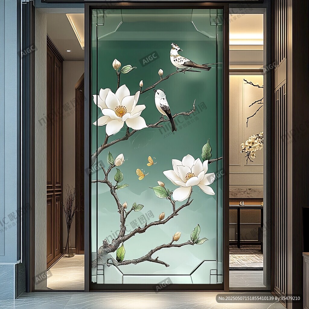 中式花鸟玄关玻璃装饰画