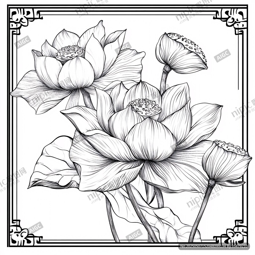 中式线描荷花图