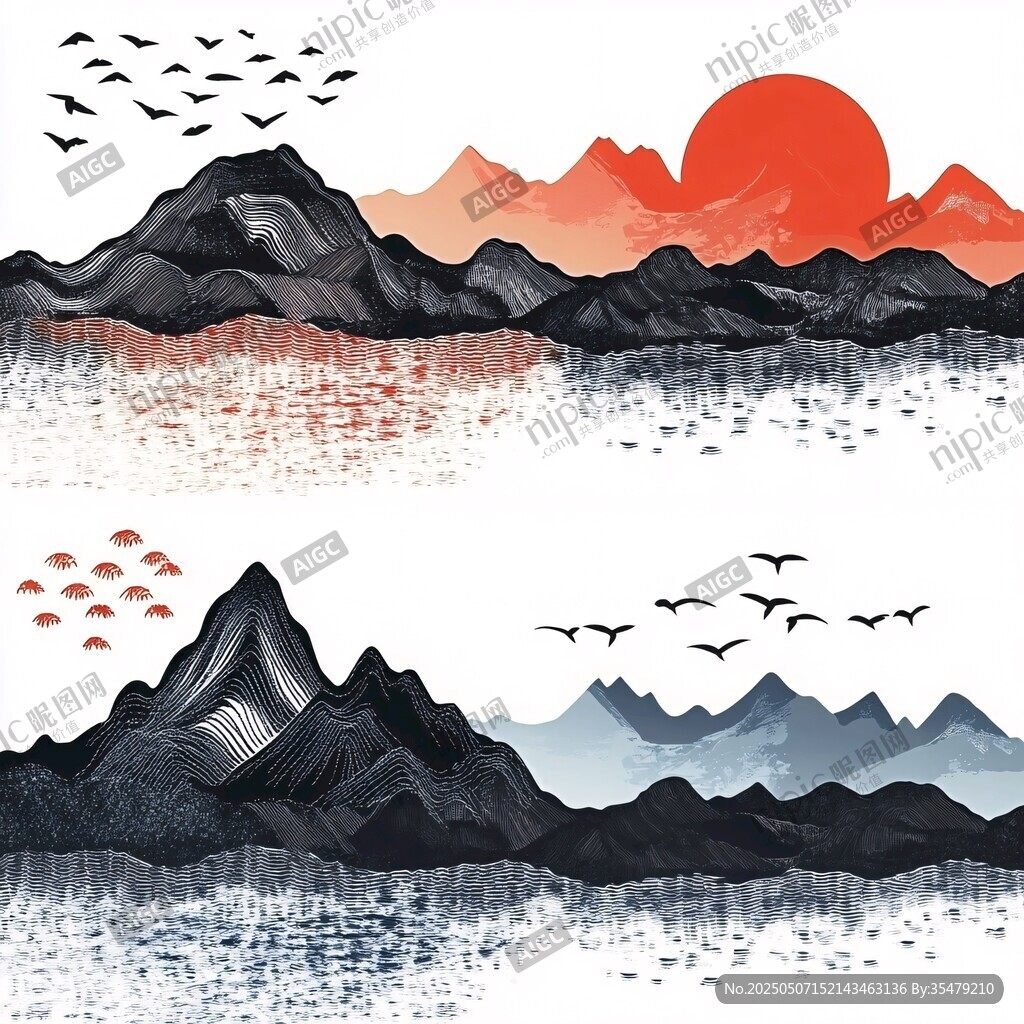 水墨山水间飞鸟伴红日