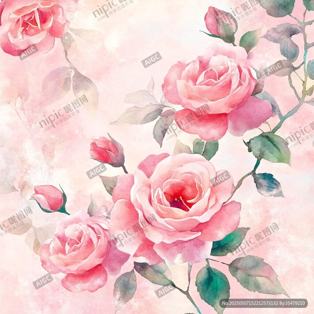 浪漫水彩粉色玫瑰花图案