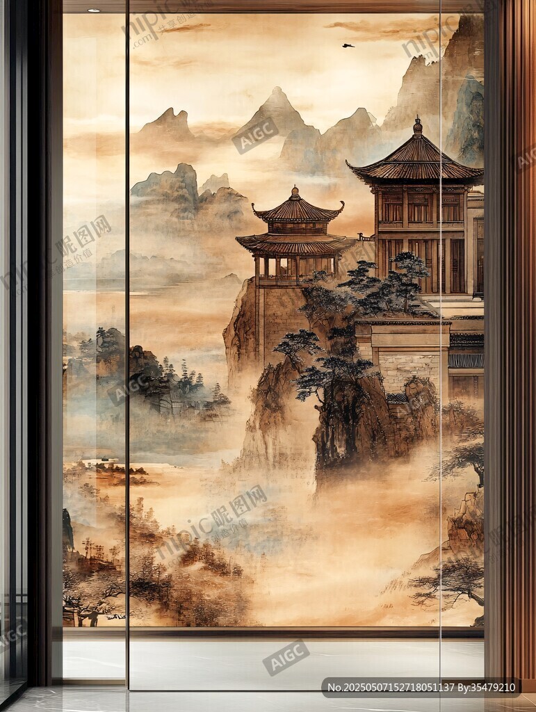 中式山水楼阁玄关装饰画
