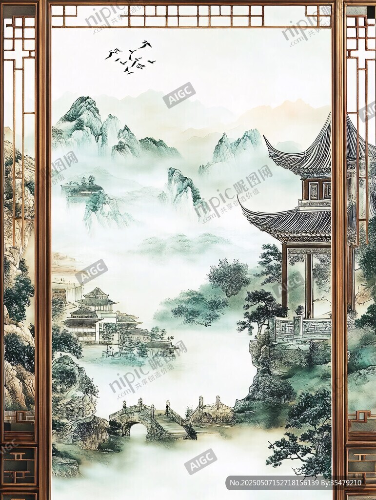 中式山水楼阁屏风画意境美