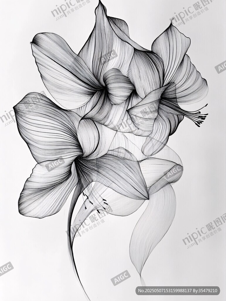 黑白线条勾勒的优雅花卉