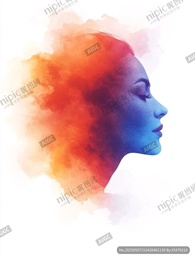 梦幻水彩风格女性侧脸剪影