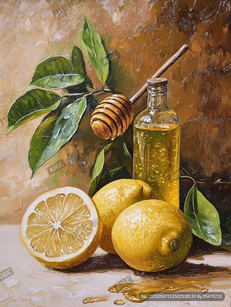 柠檬蜂蜜静物油画