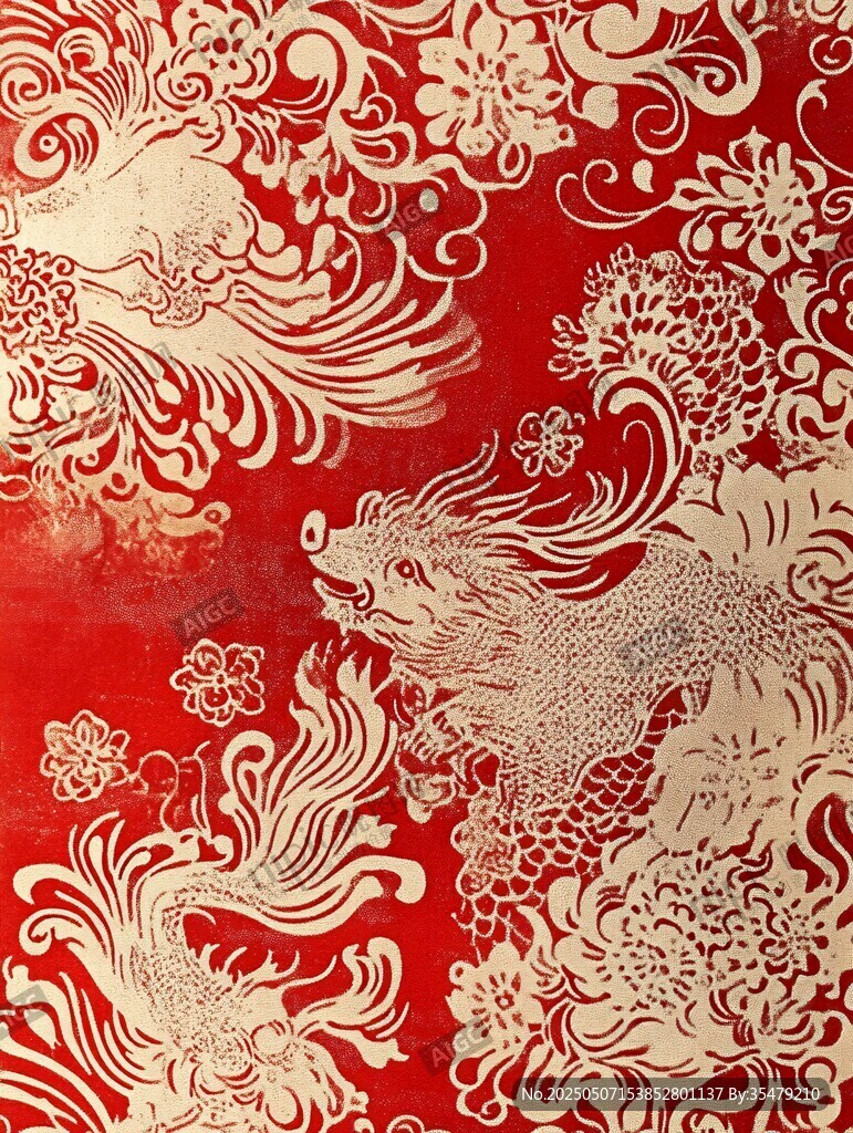 红底金纹龙凤花卉传统图案