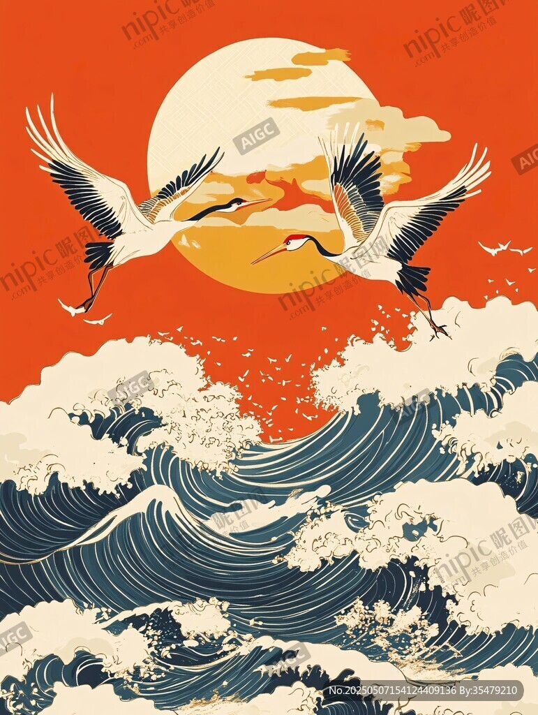红日海浪间双鹤齐飞