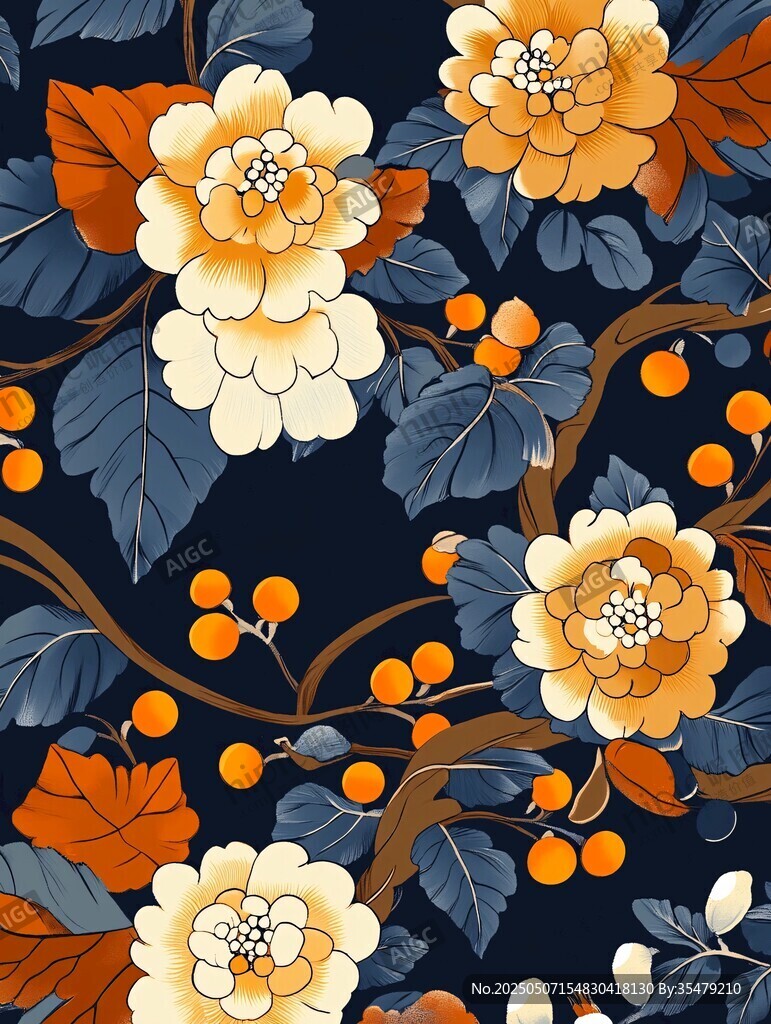 复古花卉图案 深蓝背景花卉