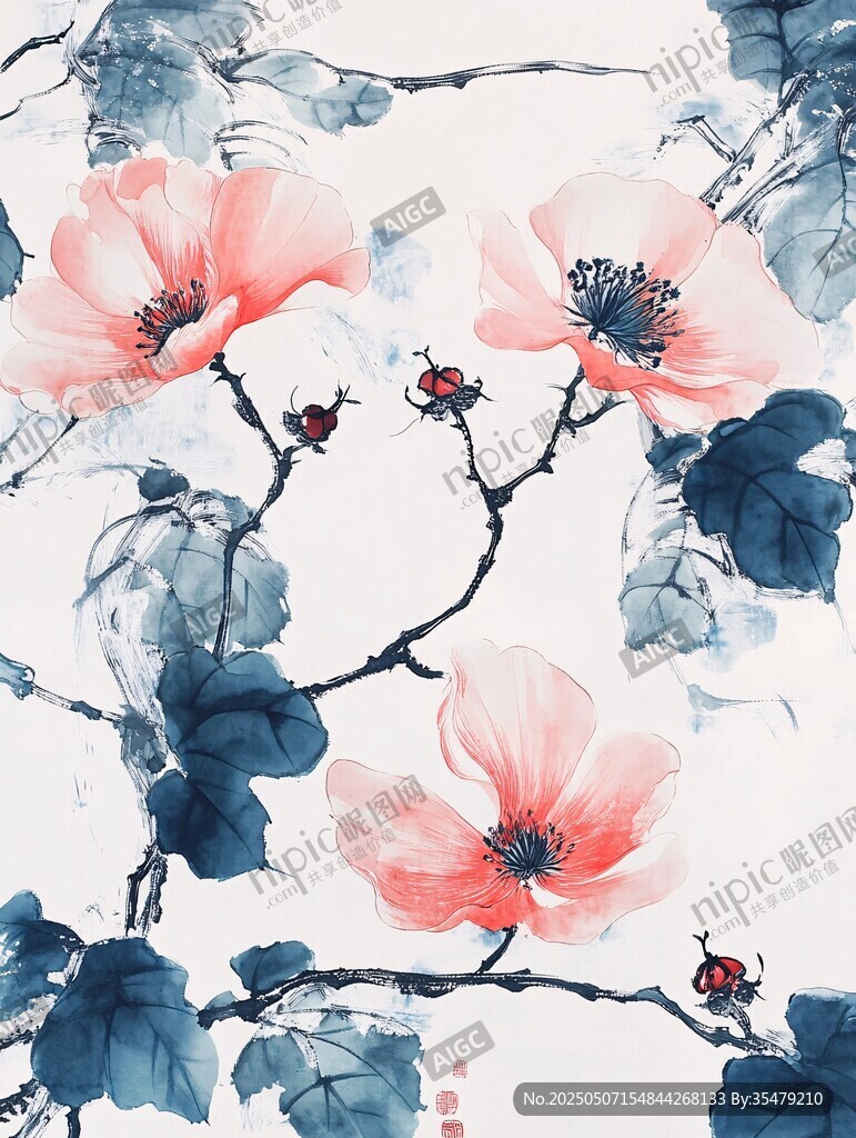 水墨花卉图中的瓢虫景致