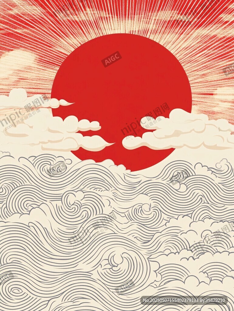 红日云海中式风光插画